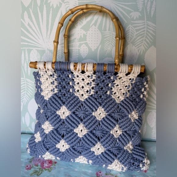 Zara macrame crochet bag with Bamboo handles in blue and white colors 9.5” - 11” - Picture 1 of 9